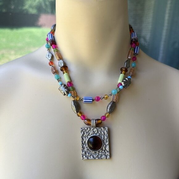 VTG Pendant Necklace 17" Beaded Art Glass Multicolor Double Strand Adjustable - Picture 6 of 8